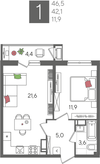 Продажа 1-комнатной квартиры 46,5 м², 20/24 этаж