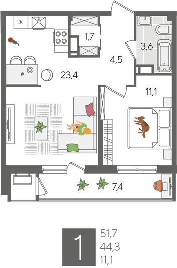 Продажа 1-комнатной квартиры 51,7 м², 24/24 этаж