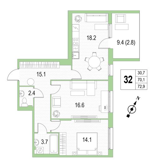 Продажа 2-комнатной квартиры 72,9 м², 3/4 этаж