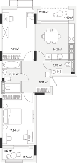 Продажа 2-комнатной квартиры 72 м², 6/7 этаж