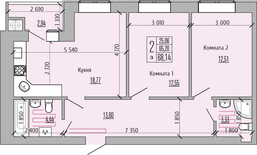 Продажа 2-комнатной квартиры 68,1 м², 4/10 этаж