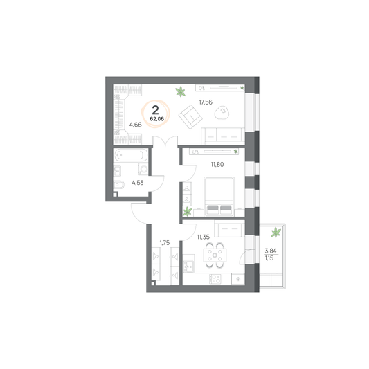 Продажа 2-комнатной квартиры 62,1 м², 2/8 этаж