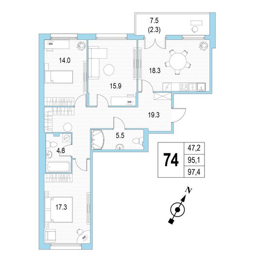 Продажа 3-комнатной квартиры 97,4 м², 2/4 этаж