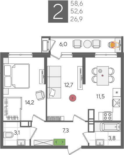 Продажа 2-комнатной квартиры 58,6 м², 18/24 этаж