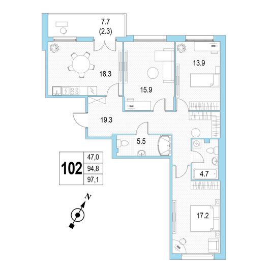 Продажа 3-комнатной квартиры 97,1 м², 3/4 этаж
