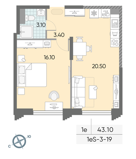 Продажа 1-комнатной квартиры 43,1 м², 19/58 этаж