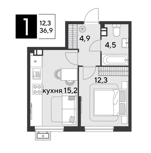 Продажа 1-комнатной квартиры 36,9 м², 5/9 этаж