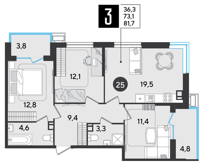 Продажа 3-комнатной квартиры 81,7 м², 6/9 этаж