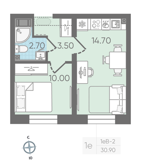 Продажа 1-комнатной квартиры 30,9 м², 3/16 этаж