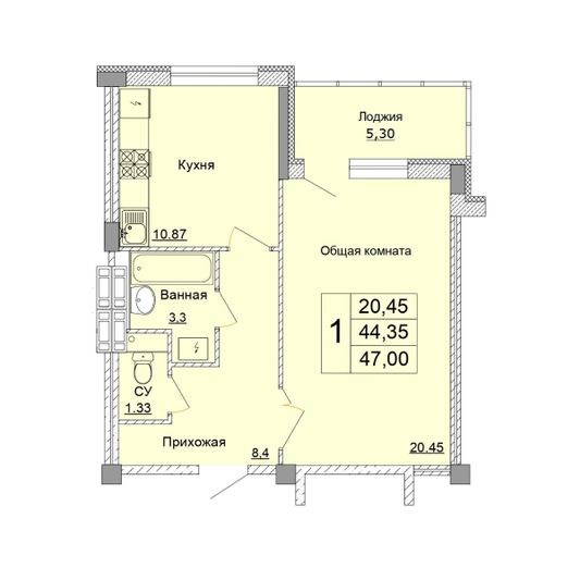 Продажа 1-комнатной квартиры 47 м², 5 этаж