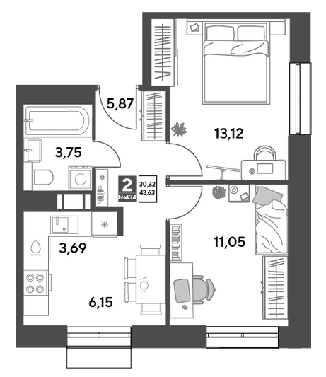 Продажа 2-комнатной квартиры 43,6 м², 10/15 этаж