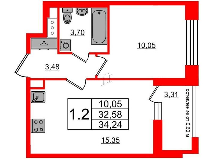 Продажа 1-комнатной квартиры 32,6 м², 2/12 этаж