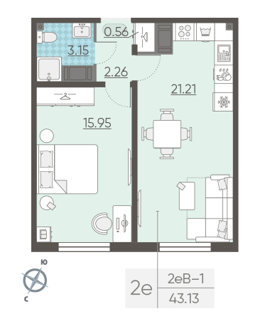 Продажа 1-комнатной квартиры 43,1 м², 3/18 этаж
