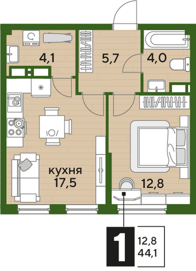 Продажа 1-комнатной квартиры 44,1 м², 11/16 этаж