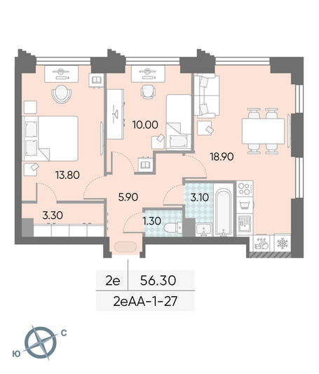 Продажа 2-комнатной квартиры 56,3 м², 27/58 этаж
