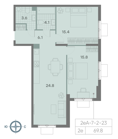 Продажа 2-комнатной квартиры 69,8 м², 6/23 этаж
