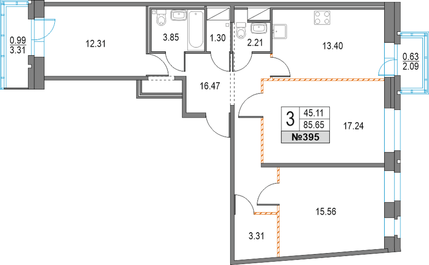 Продажа 3-комнатной квартиры 85,7 м², 12/25 этаж