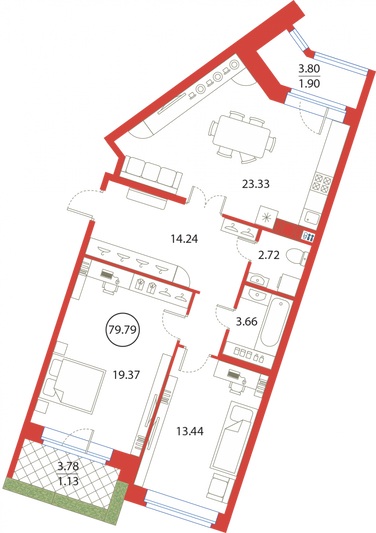 Продажа 2-комнатной квартиры 79,8 м², 12/12 этаж