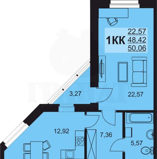 Продажа 1-комнатной квартиры 49,7 м², 2/25 этаж