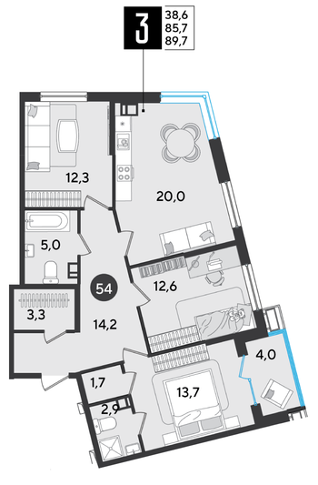 Продажа 3-комнатной квартиры 89,7 м², 9/16 этаж