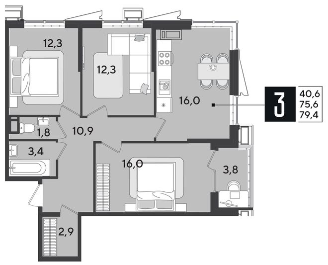 Продажа 3-комнатной квартиры 79,4 м², 18/18 этаж