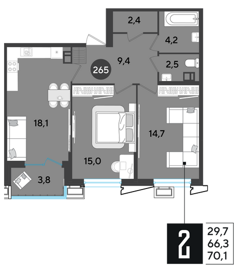 Продажа 2-комнатной квартиры 70,1 м², 7/9 этаж