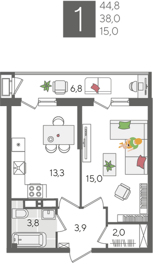 Продажа 1-комнатной квартиры 44,8 м², 13/24 этаж