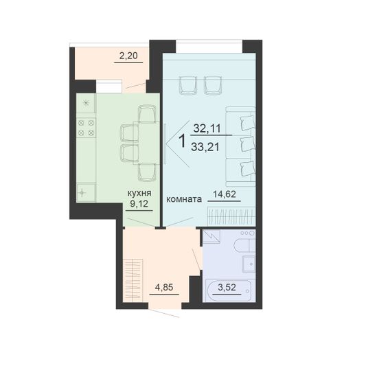 Продажа 1-комнатной квартиры 33,2 м², 16/20 этаж