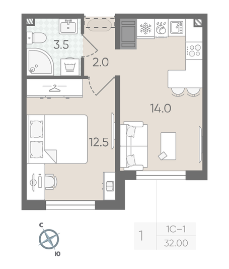 Продажа 1-комнатной квартиры 32 м², 3/19 этаж