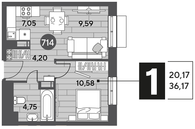Продажа 1-комнатной квартиры 36,2 м², 2/12 этаж