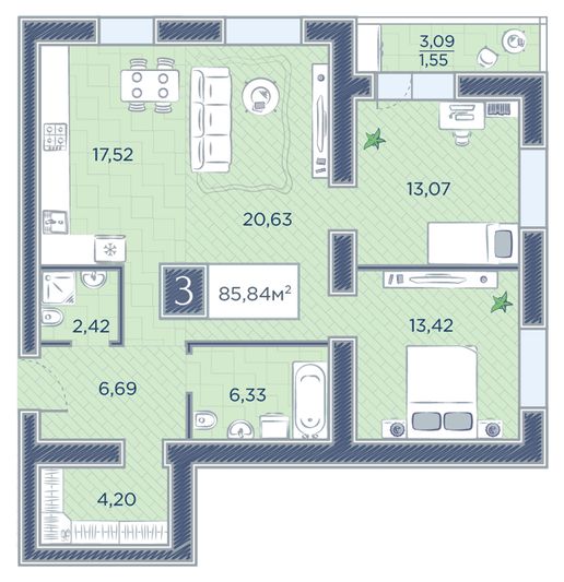 Продажа 3-комнатной квартиры 85,8 м², 9/18 этаж
