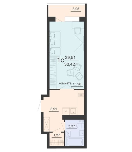 Продажа 1-комнатной квартиры 30,4 м², 3/20 этаж
