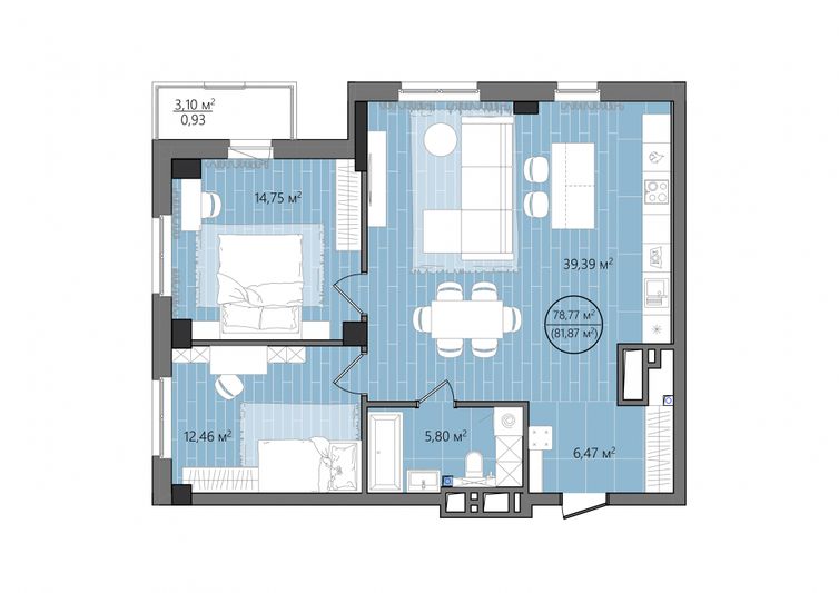 Продажа 3-комнатной квартиры 81,9 м², 3/25 этаж