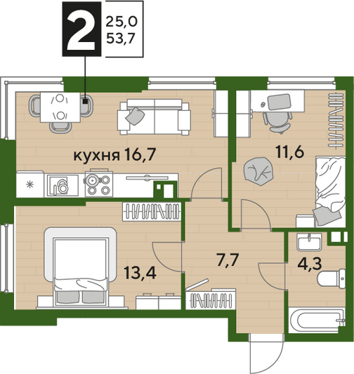 Продажа 2-комнатной квартиры 53,7 м², 3/16 этаж