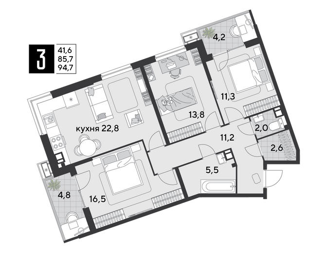 Продажа 3-комнатной квартиры 94,7 м², 3/18 этаж
