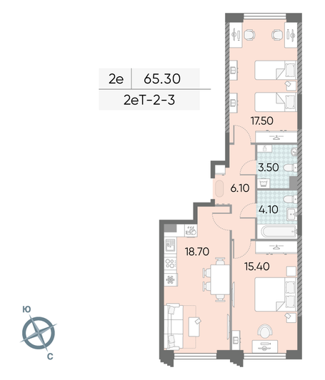 Продажа 2-комнатной квартиры 65,3 м², 3/58 этаж
