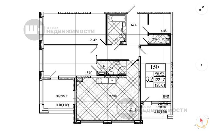 Продажа квартиры со свободной планировкой 128,6 м², 6/8 этаж