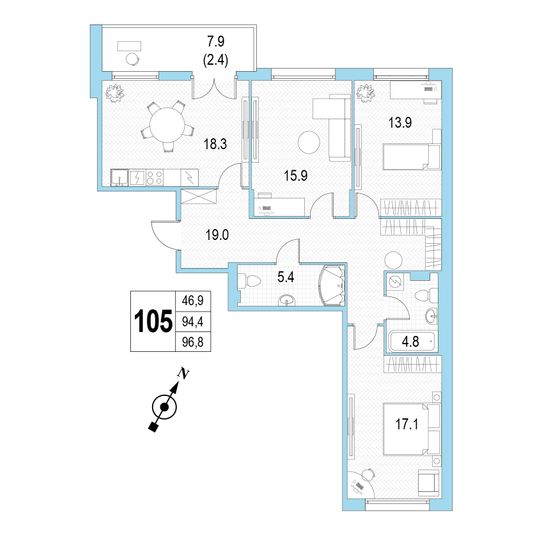 Продажа 3-комнатной квартиры 96,8 м², 4/4 этаж