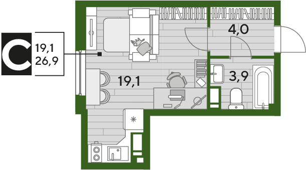 Продажа квартиры-студии 26,9 м², 11/16 этаж