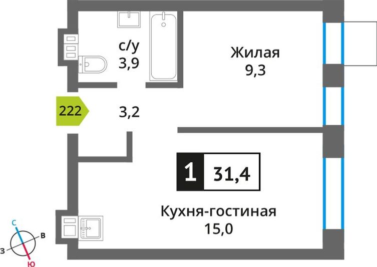 Продажа 1-комнатной квартиры 31,4 м², 7/9 этаж