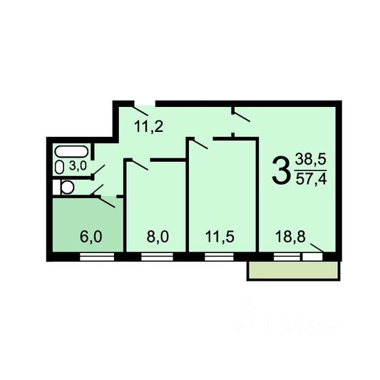 Продажа 3-комнатной квартиры 56,7 м², 1/9 этаж