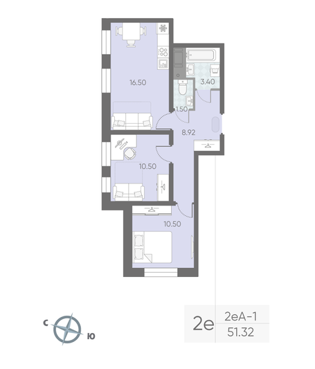 Продажа 2-комнатной квартиры 51,3 м², 24/25 этаж