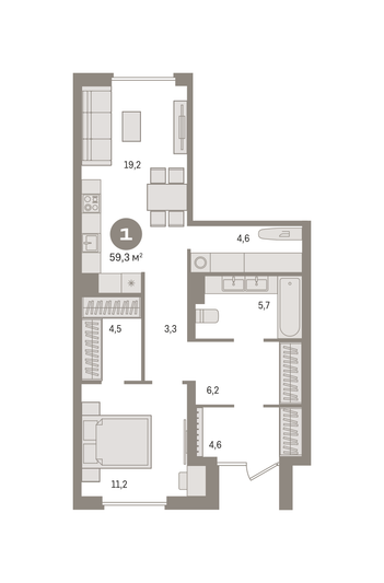 Продажа 1-комнатной квартиры 59,3 м², 1/8 этаж