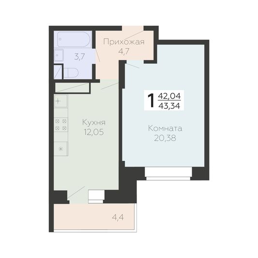 Продажа 1-комнатной квартиры 43,3 м², 10/22 этаж