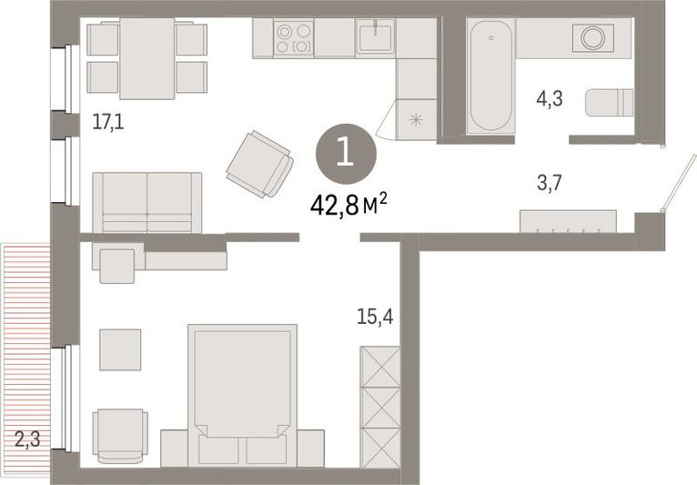 Продажа 1-комнатной квартиры 42,8 м², 3/17 этаж