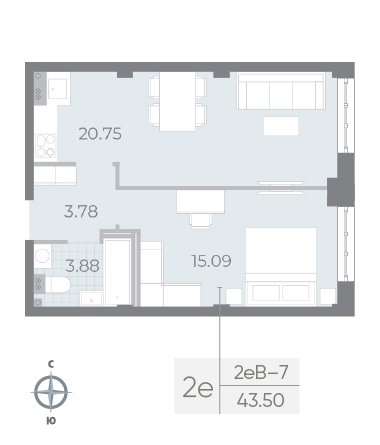 Продажа 1-комнатной квартиры 43,7 м², 3/8 этаж