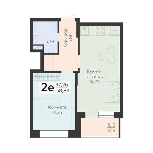Продажа 2-комнатной квартиры 38,8 м², 3/24 этаж