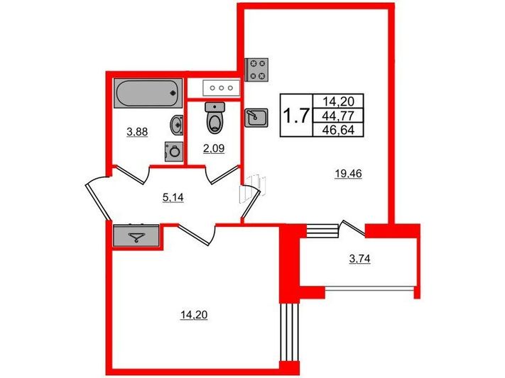 Продажа 1-комнатной квартиры 44,8 м², 8/12 этаж