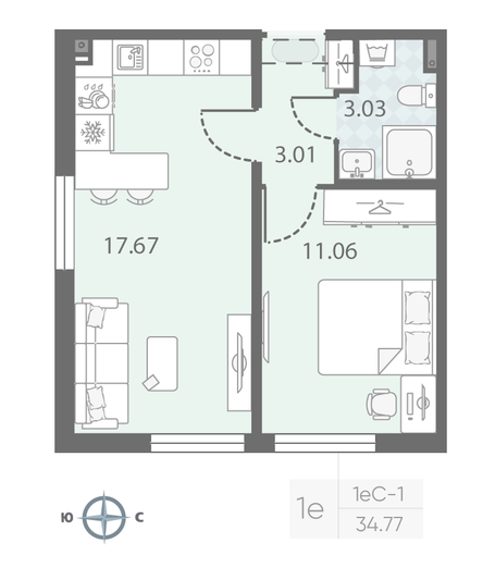 Продажа 1-комнатной квартиры 34,8 м², 4/23 этаж