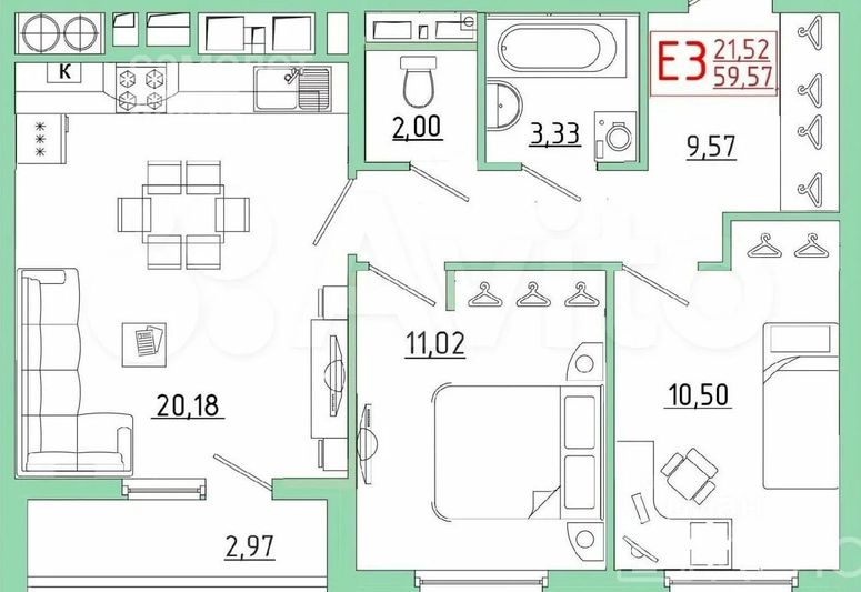 Продажа 2-комнатной квартиры 59,6 м², 21/25 этаж